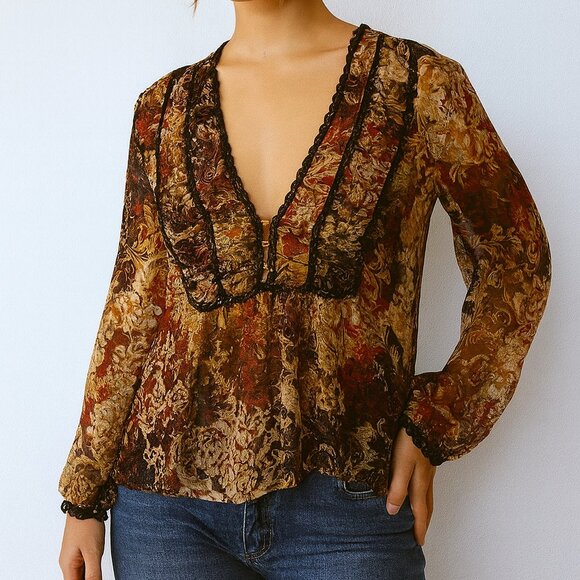 Lane Bryant Brown Paisley Silk Semi Sheer Long Sleeve Boho Peasant Blouse 18/20 - Picture 1 of 6